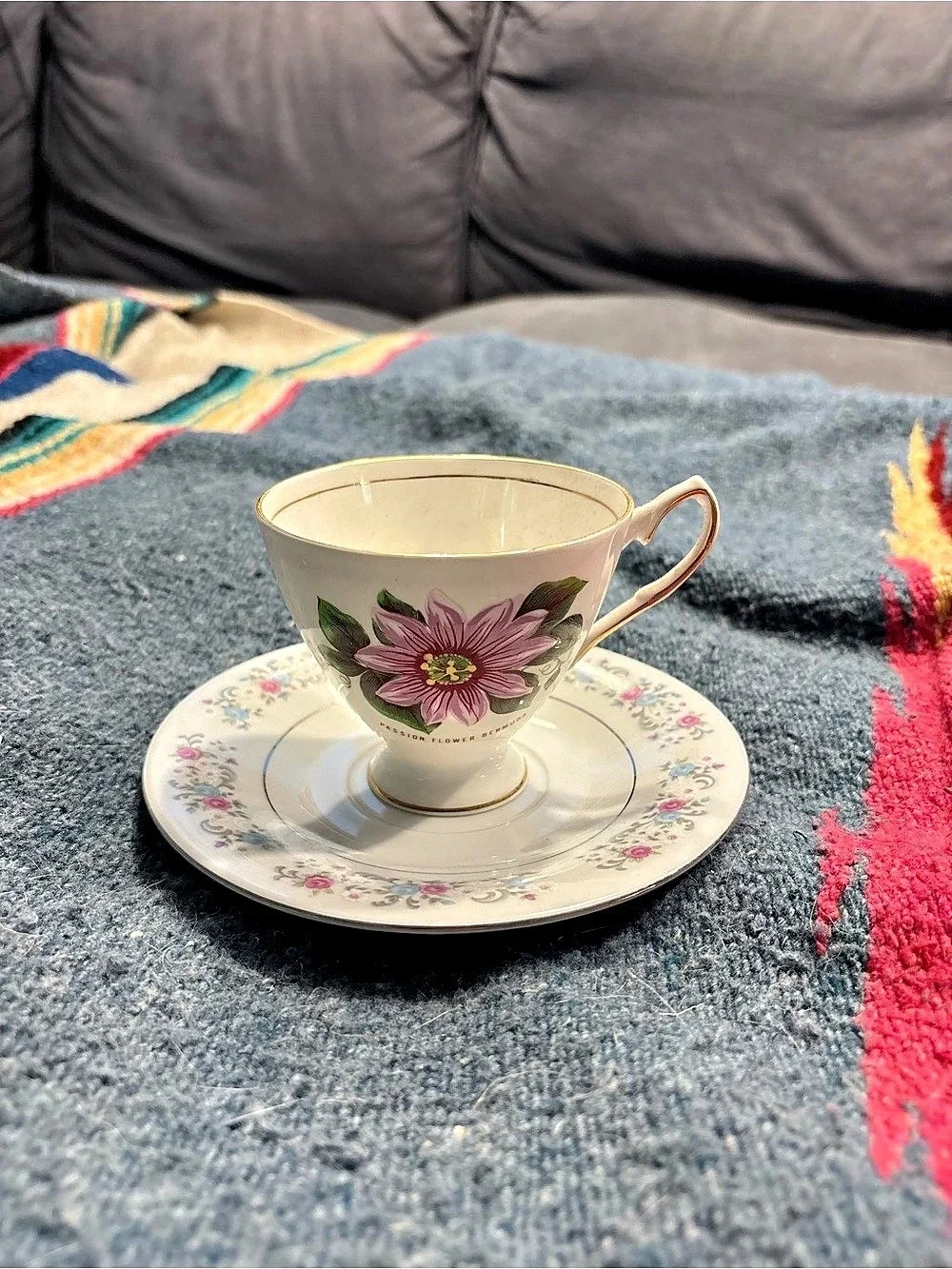 Elizabethan Passion Flower Bouquet Floral Teacup & Saucer in White & Pink